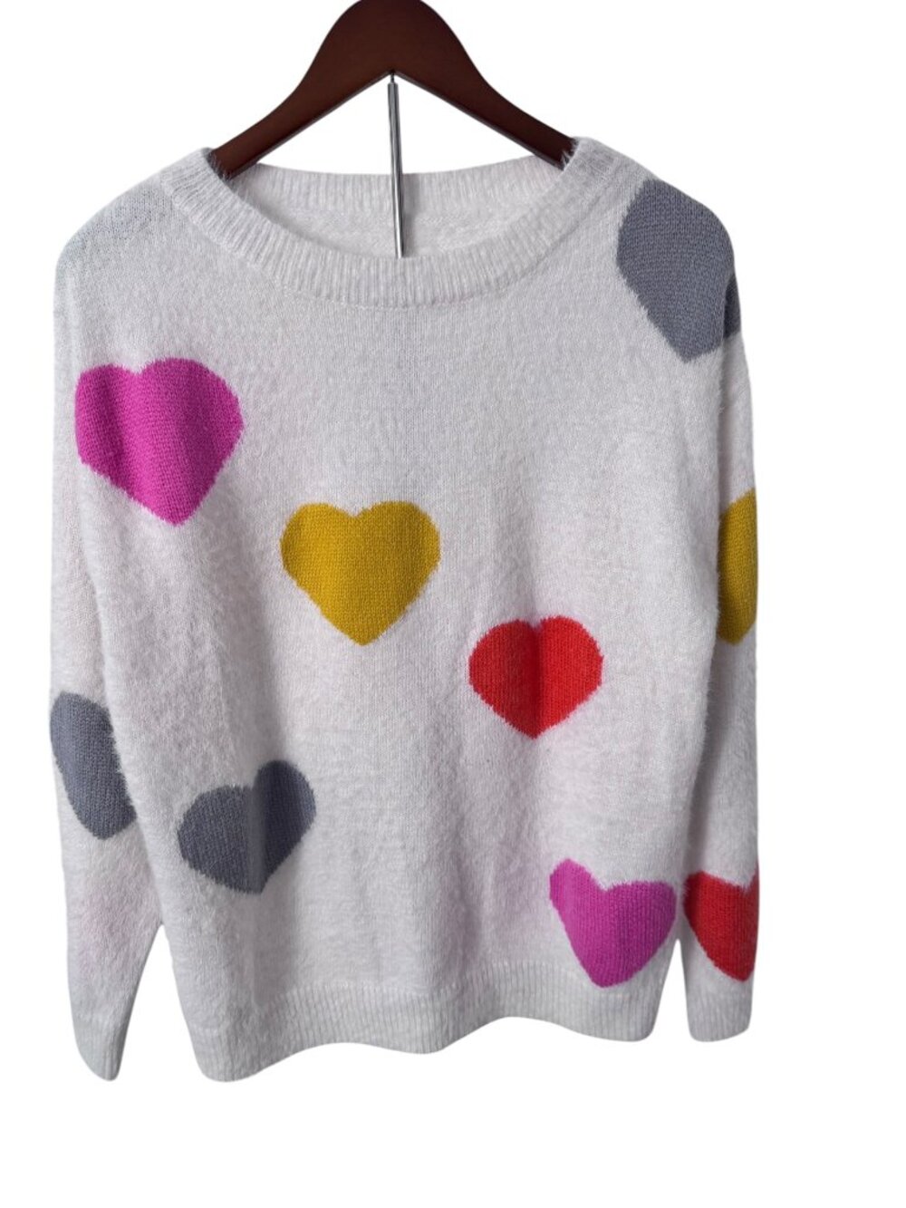 Heart Print Fuzzy Knit Sweater | Women’s Size Large | Cozy Cute Pullover